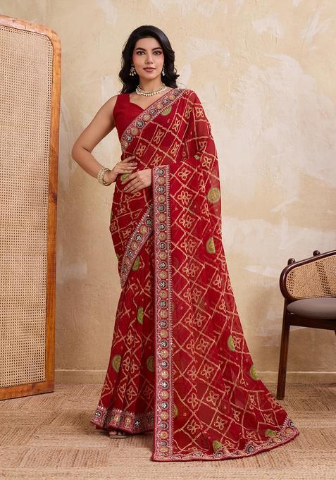 Red Embroidery Georgette Saree Set