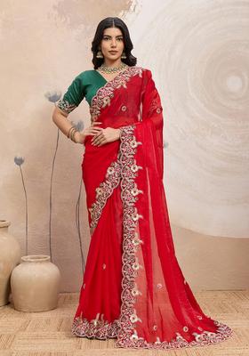 Red Embroidery Chiffon Saree Set