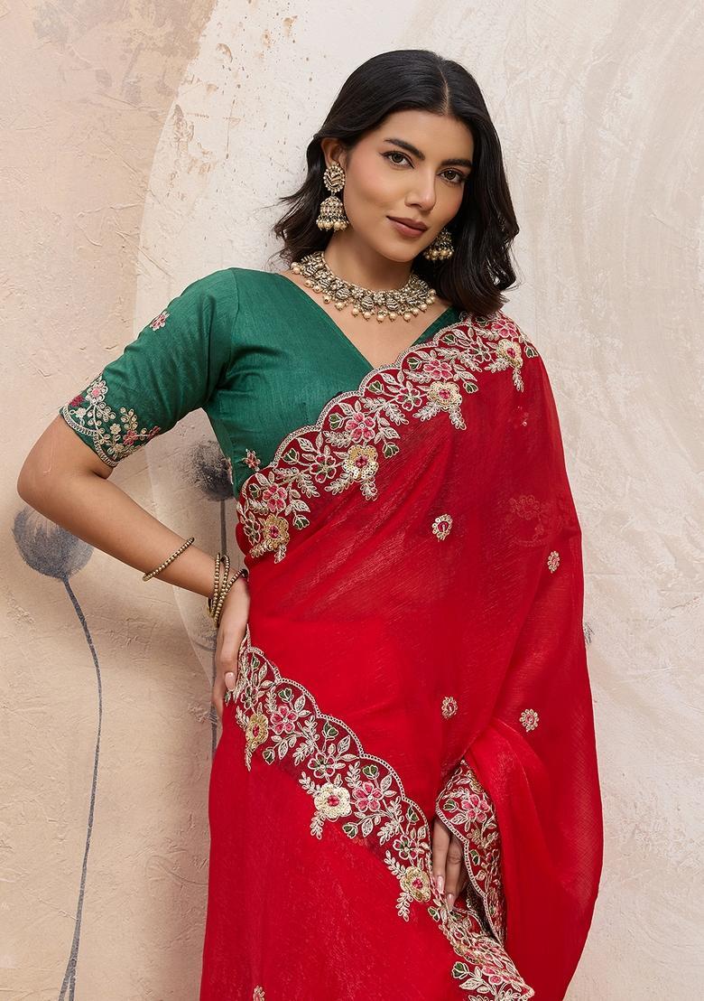 Red Embroidery Chiffon Saree Set - Indya