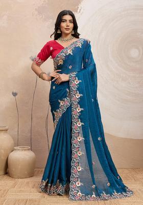 Teal Embroidery Chiffon Saree Set