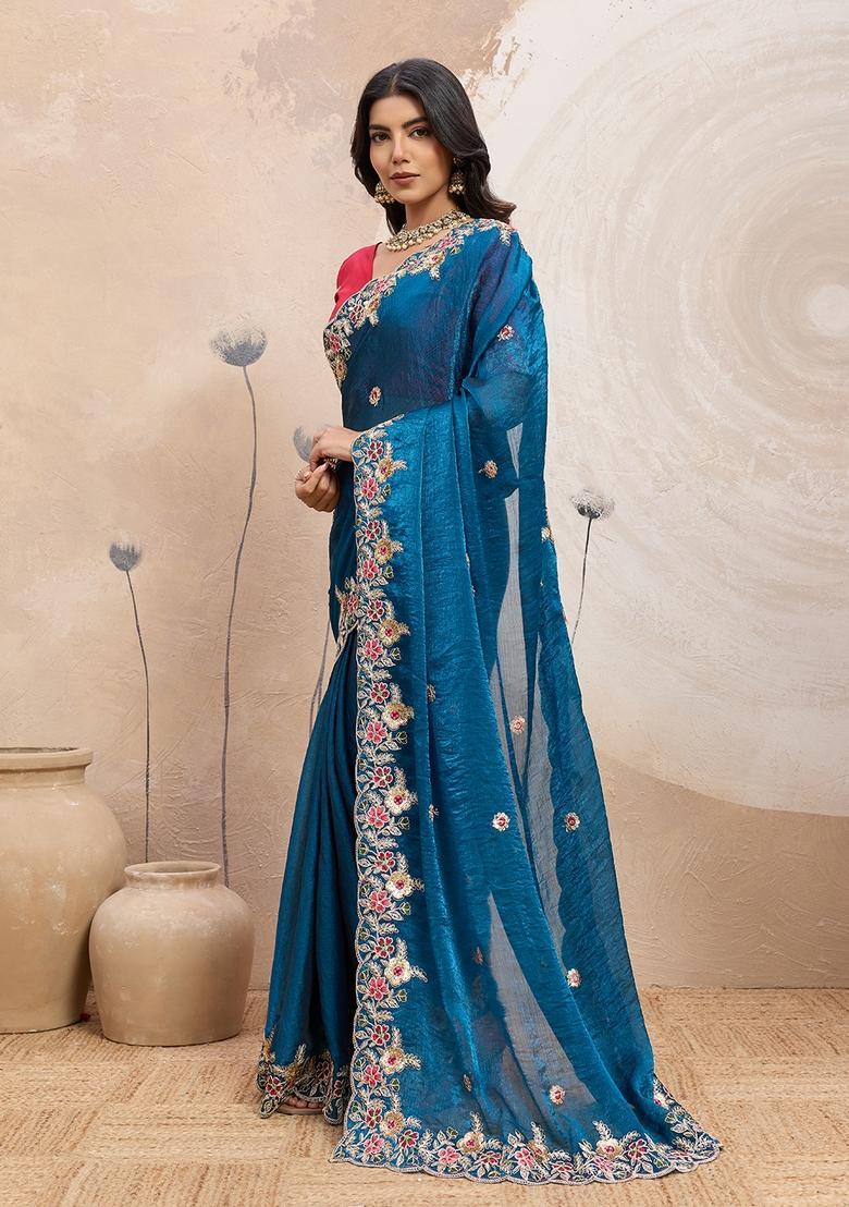 Teal Embroidery Chiffon Saree Set - Indya