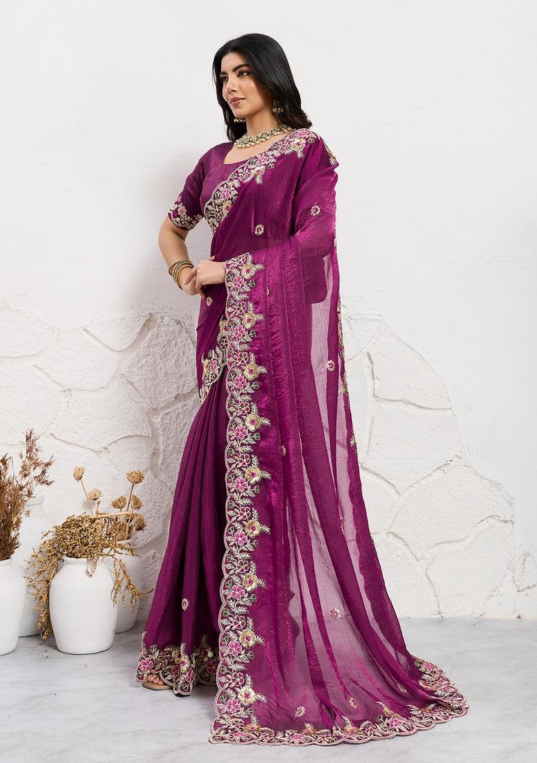Wine Embroidery Chiffon Saree Set - Indya