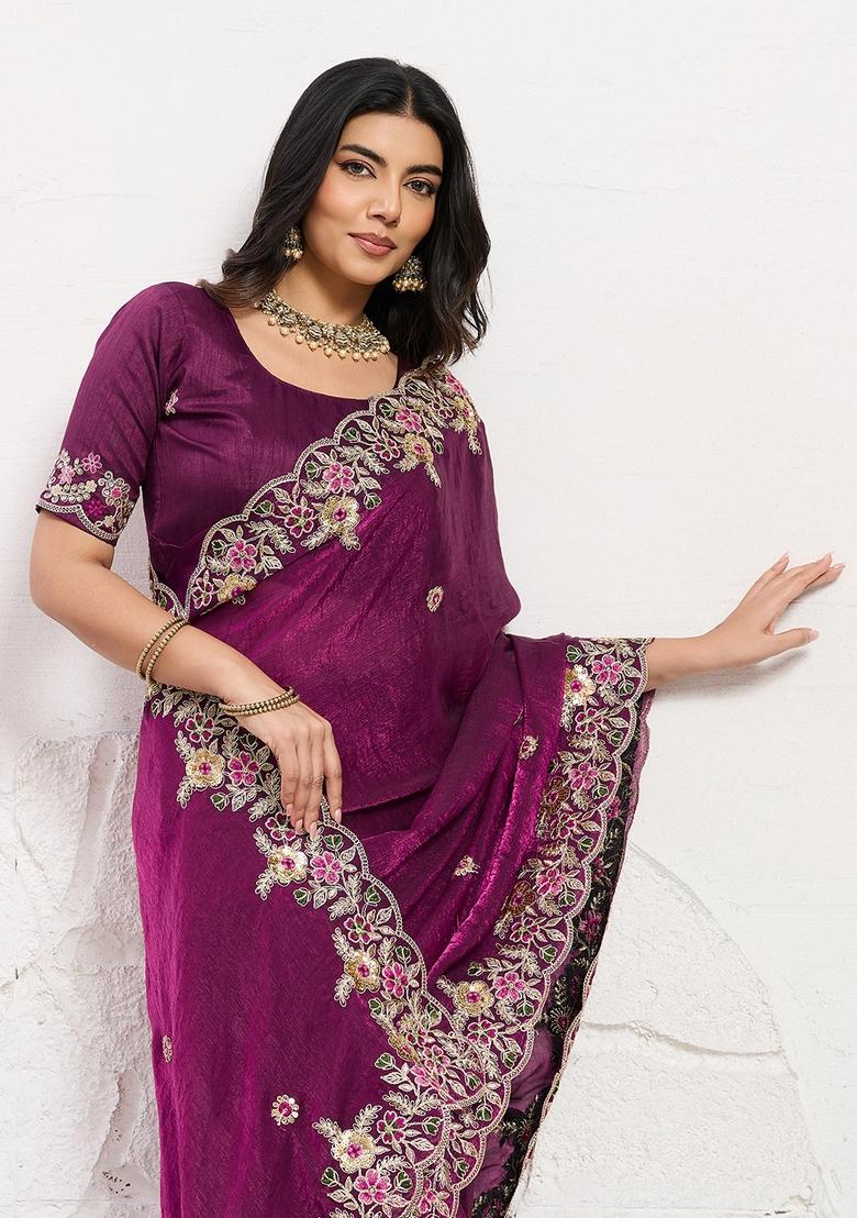 Wine Embroidery Chiffon Saree Set - Indya