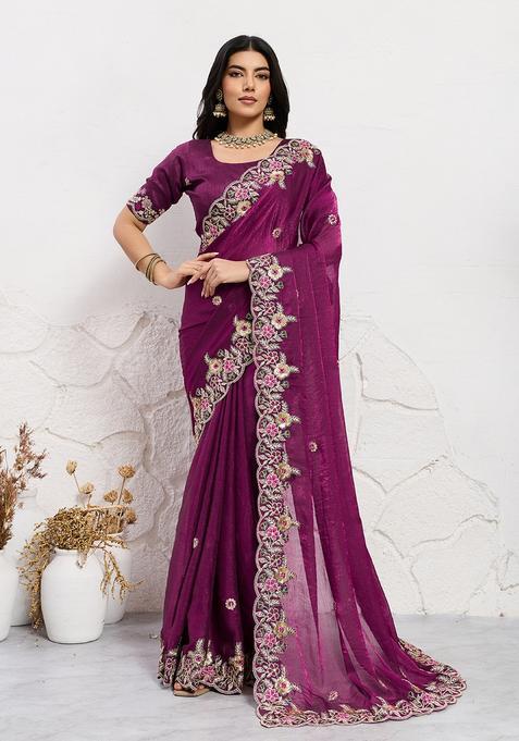 Wine Embroidery Chiffon Saree Set