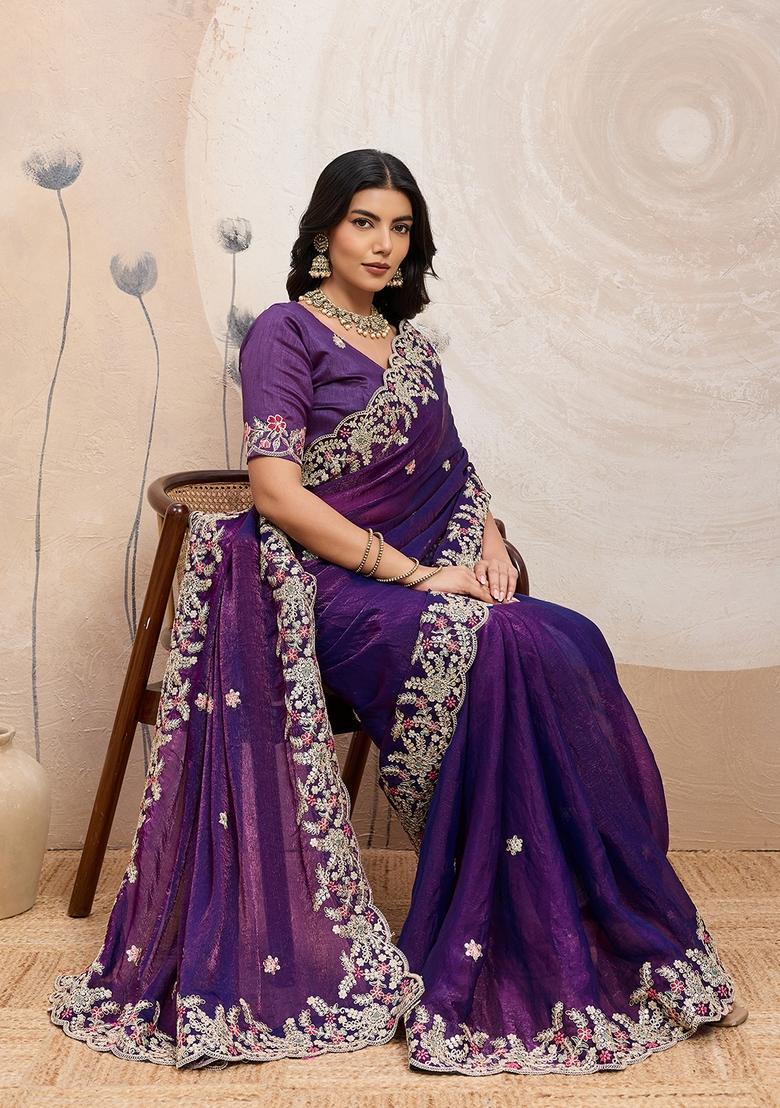 Purple Embroidery Chiffon Saree Set - Indya