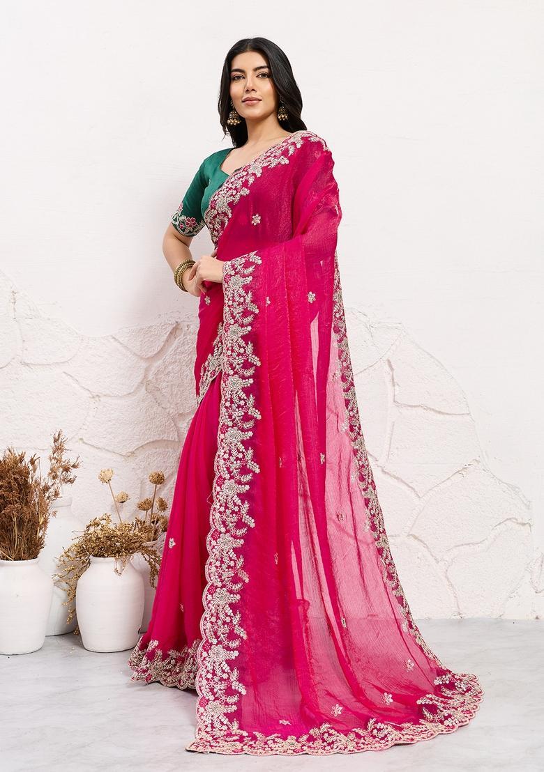 Pink Embroidery Chiffon Saree Set - Indya
