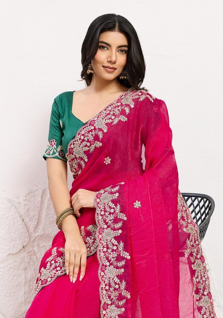Pink Embroidery Chiffon Saree Set - Indya