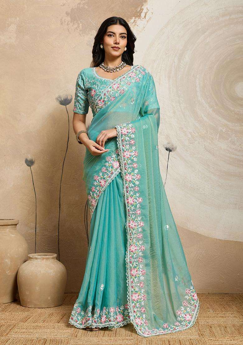 See Green Embroidery Chiffon Saree Set - Indya