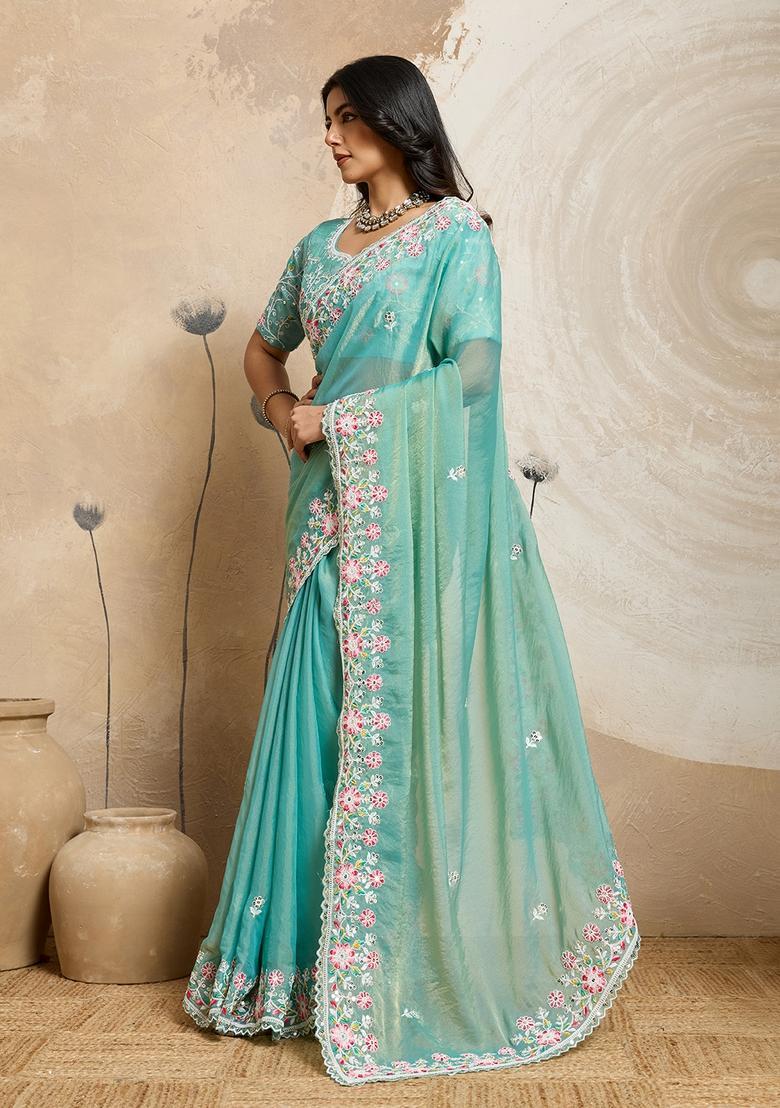 See Green Embroidery Chiffon Saree Set - Indya