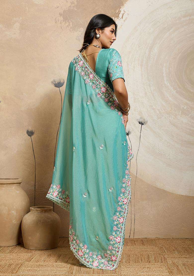 See Green Embroidery Chiffon Saree Set - Indya