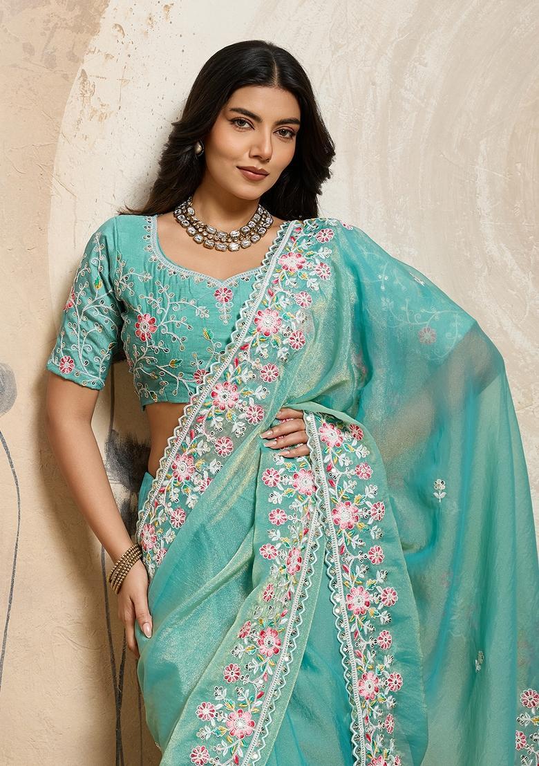 See Green Embroidery Chiffon Saree Set - Indya