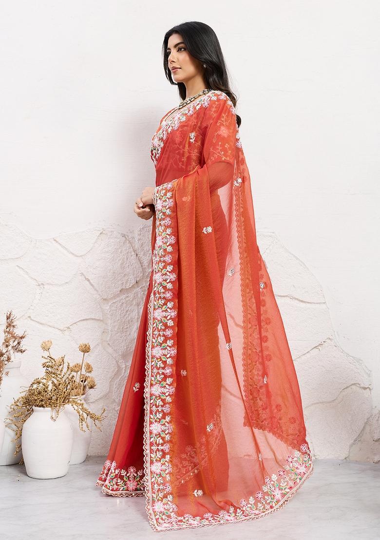 Rust Embroidery Chiffon Saree Set - Indya