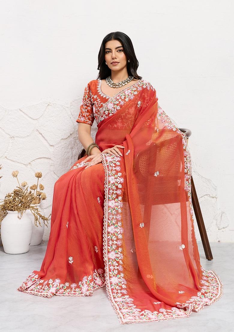 Rust Embroidery Chiffon Saree Set - Indya