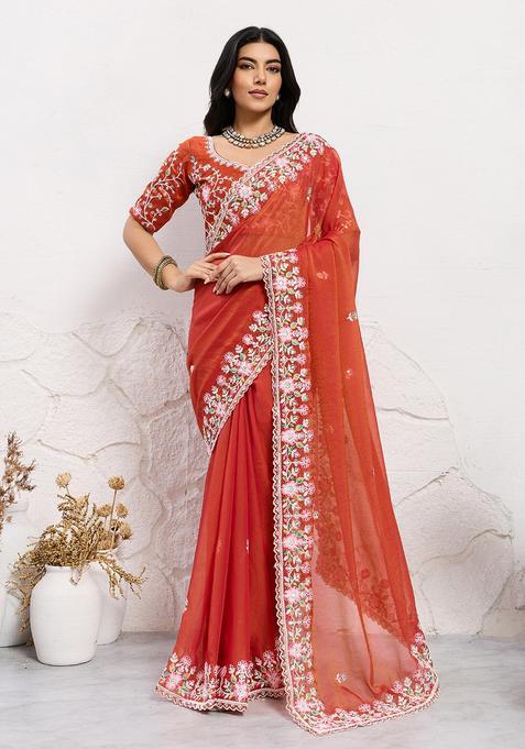 Rust Embroidery Chiffon Saree Set