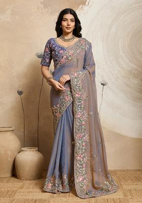 Blue Embroidery Chiffon Saree Set
