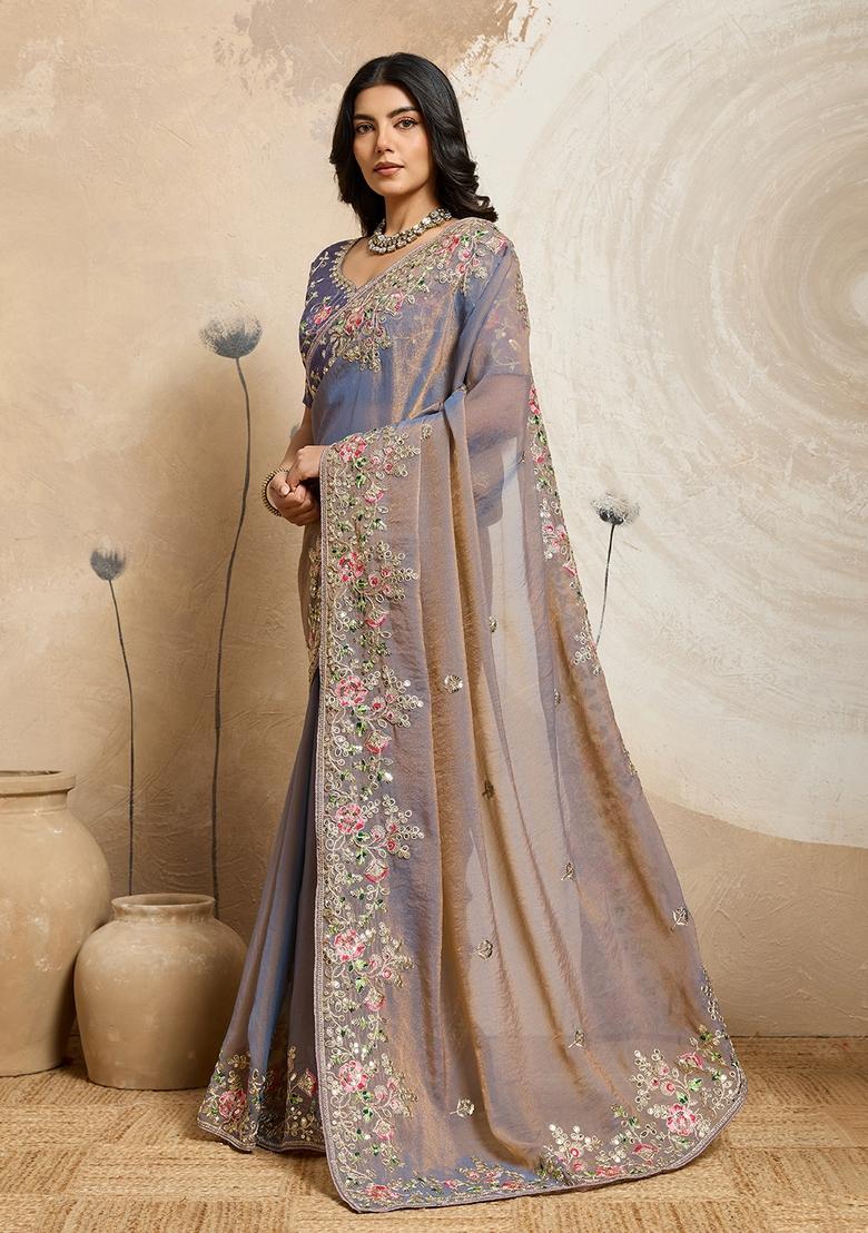 Blue Embroidery Chiffon Saree Set - Indya