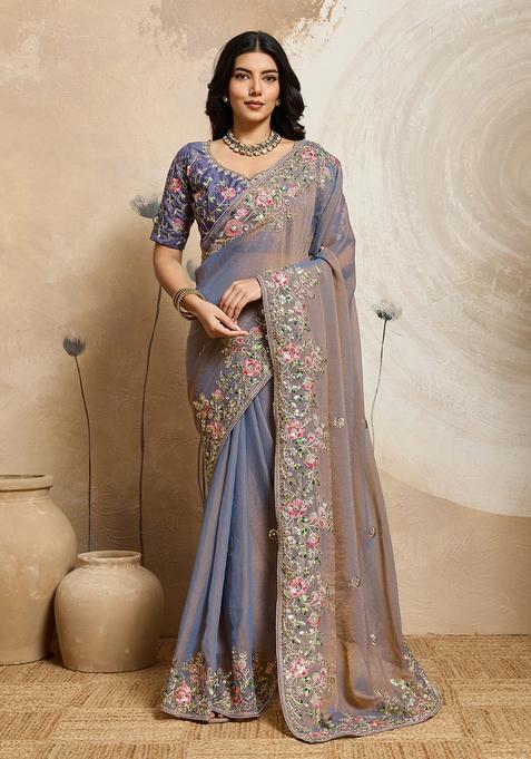 Blue Embroidery Chiffon Saree Set
