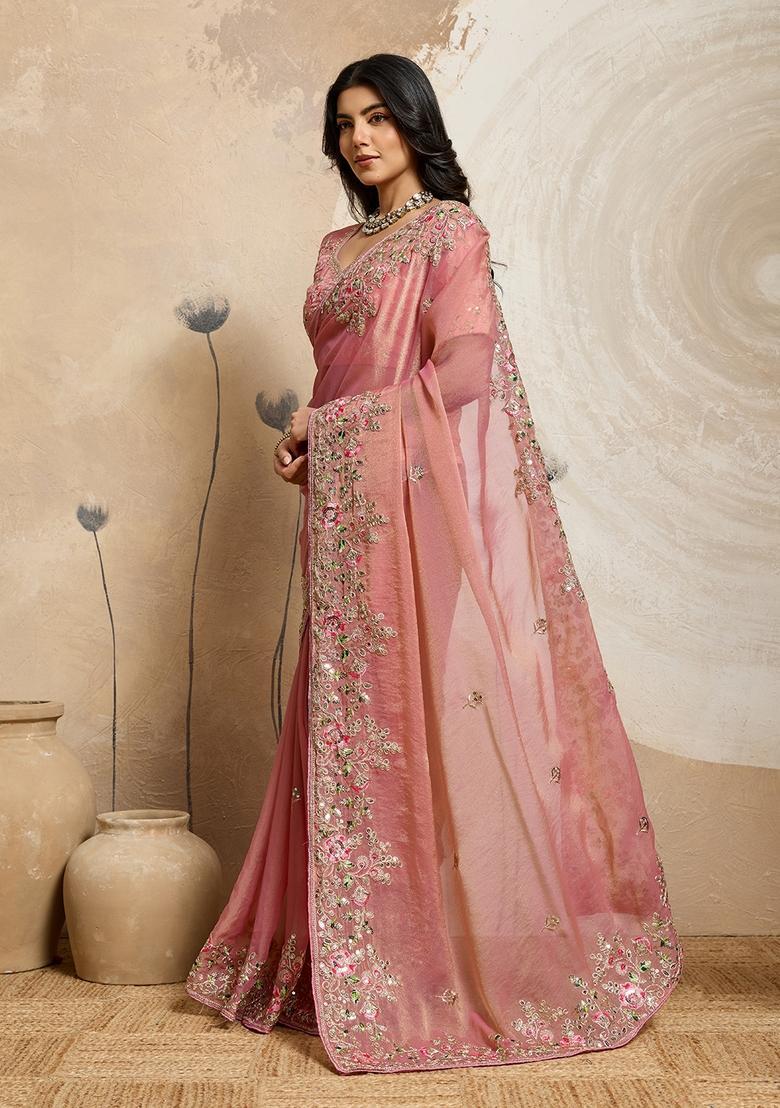 Peach Embroidery Chiffon Saree Set - Indya