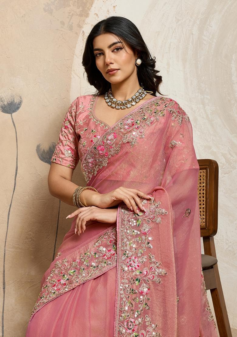 Peach Embroidery Chiffon Saree Set - Indya