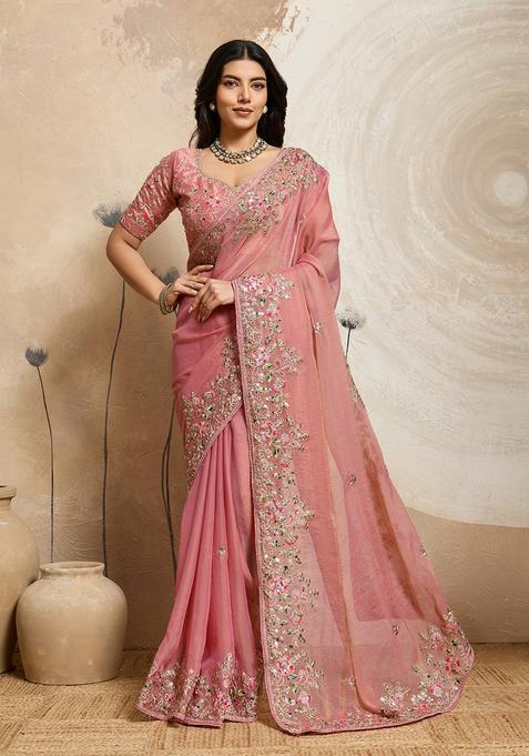 Peach Embroidery Chiffon Saree Set