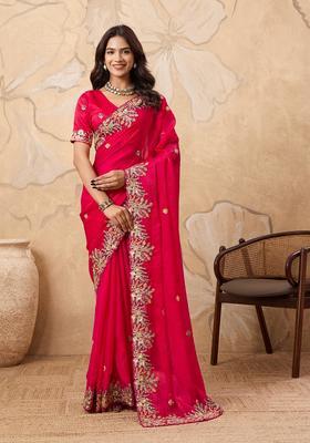 Pink Embroidery Chiffon Saree Set