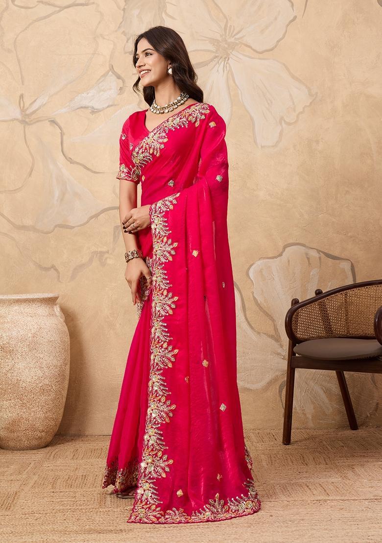 Pink Embroidery Chiffon Saree Set - Indya