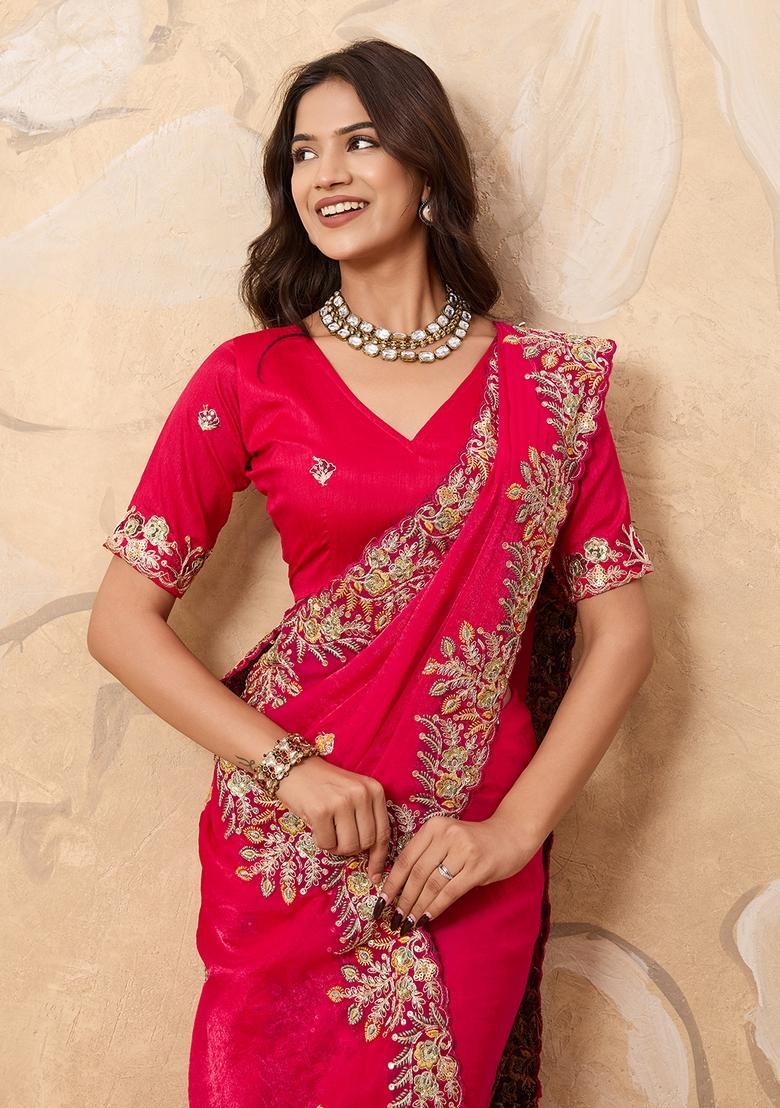 Pink Embroidery Chiffon Saree Set - Indya
