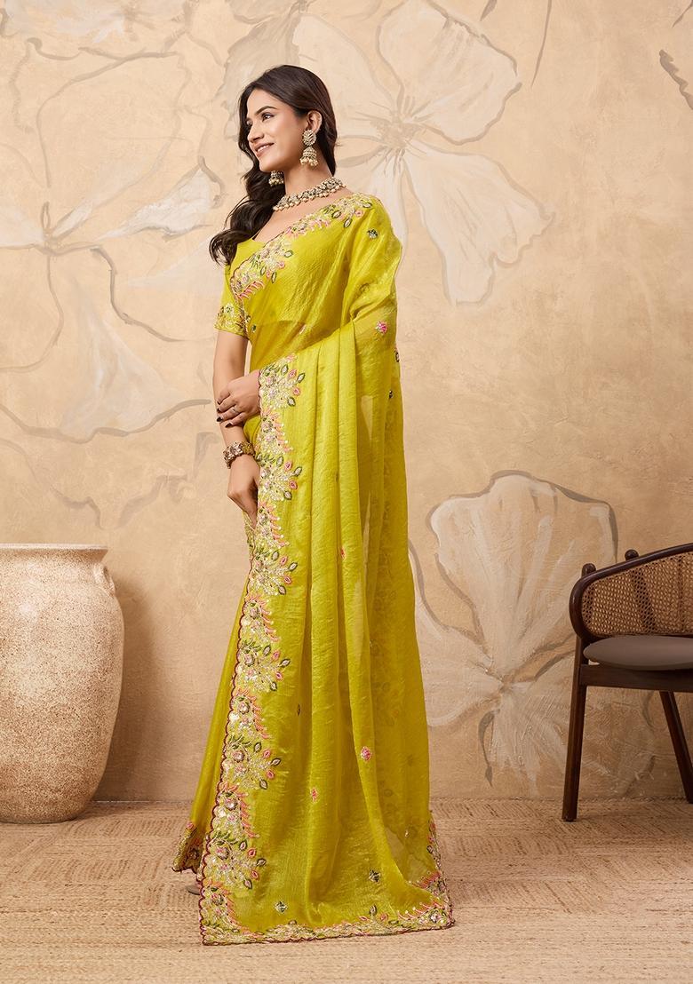 Green Embroidery Chiffon Saree Set - Indya