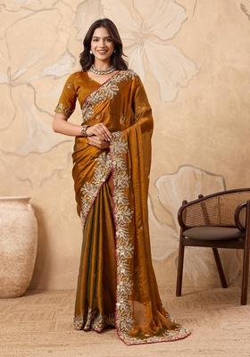 Golden Embroidery Chiffon Saree Set