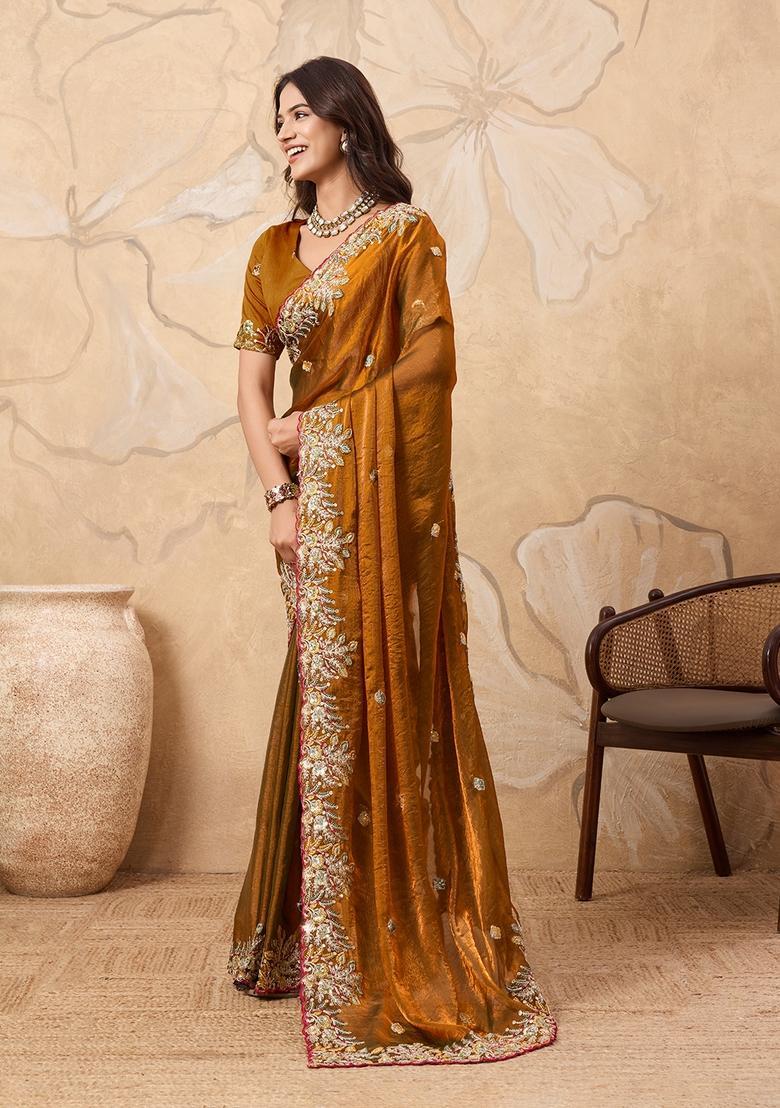 Golden Embroidery Chiffon Saree Set - Indya
