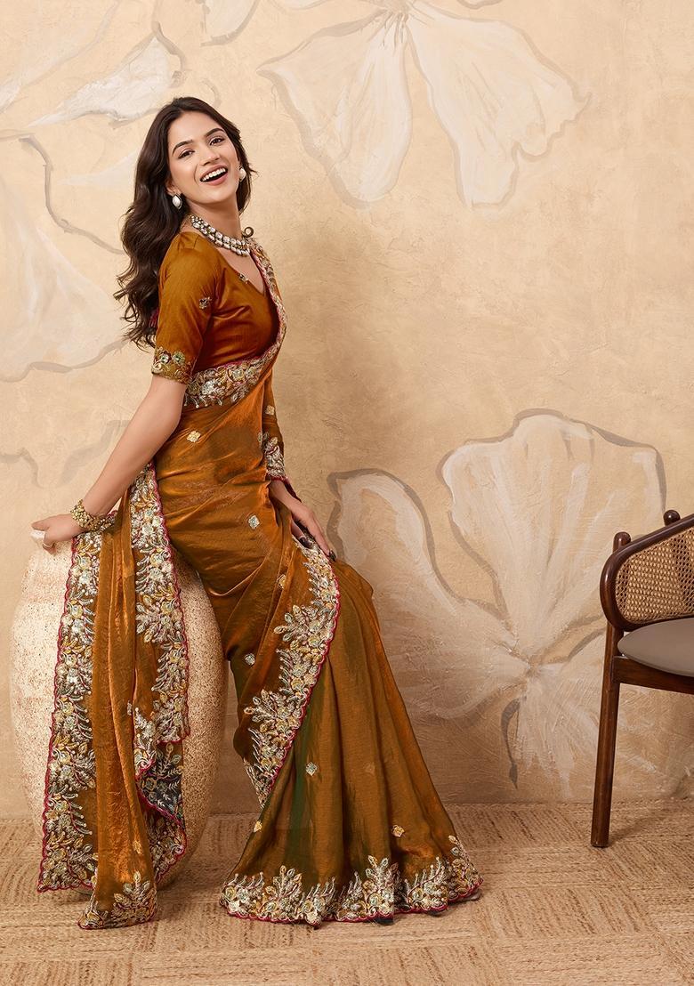 Golden Embroidery Chiffon Saree Set - Indya