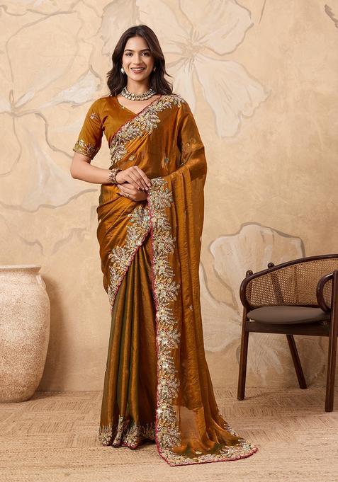 Golden Embroidery Chiffon Saree Set