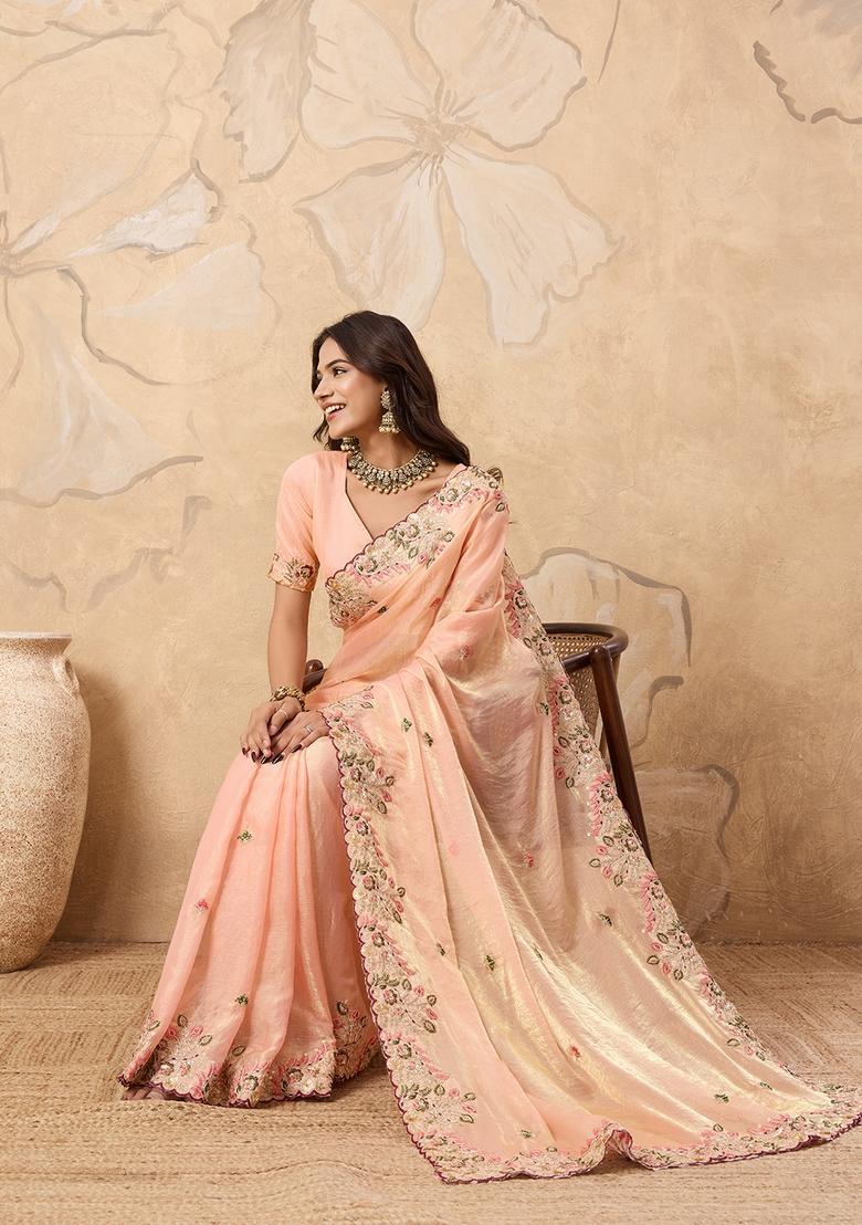 Peach Embroidery Chiffon Saree Set - Indya