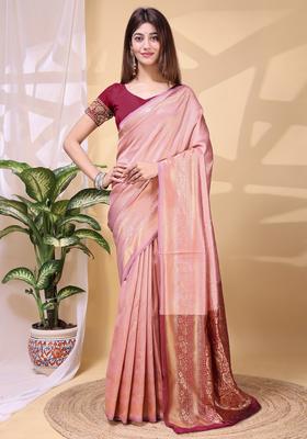 Peach Weaving Work Silk Saree Set