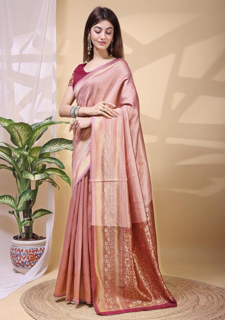 Peach Weaving Work Silk Saree Set - Indya