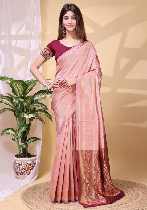 Peach Weaving Work Silk Saree Set