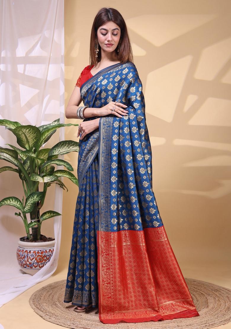 Teal Weaving Work Silk Saree Set - Indya