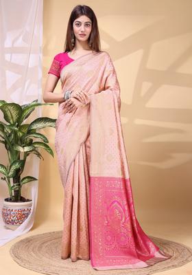 Peach Weaving Work Silk Saree Set