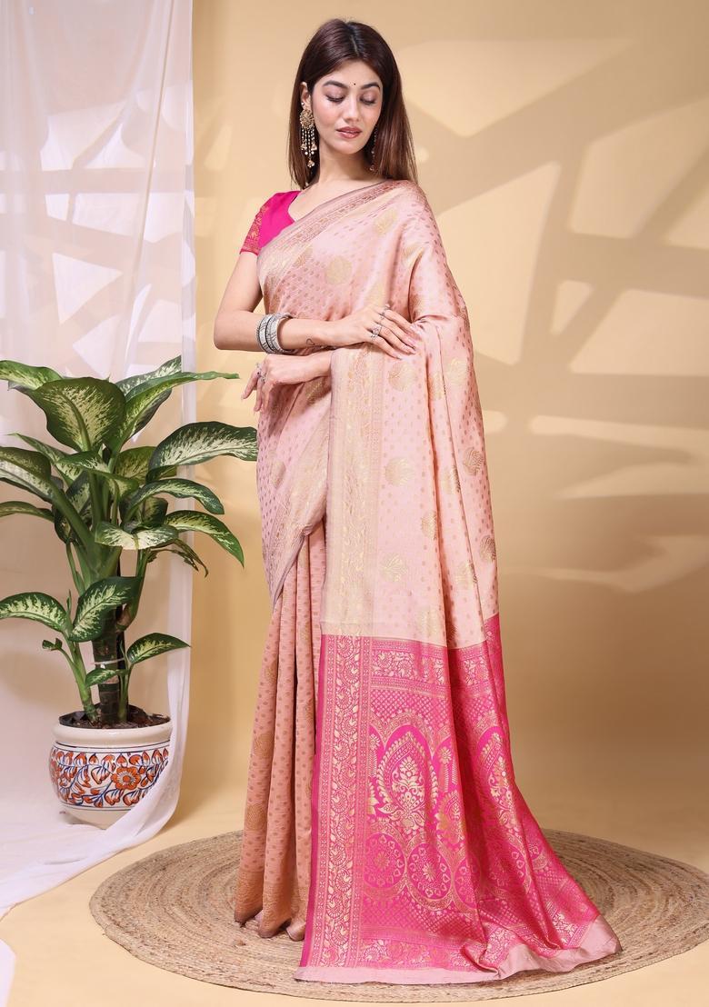 Peach Weaving Work Silk Saree Set - Indya