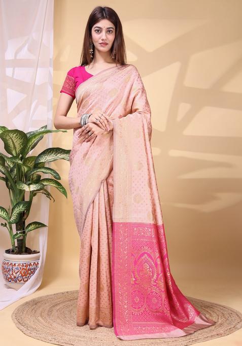 Peach Weaving Work Silk Saree Set