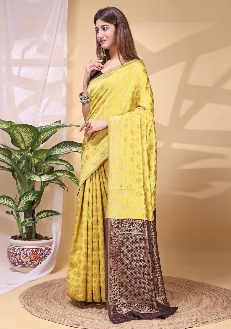 Yellow Weaving Work Silk Saree Set - Indya