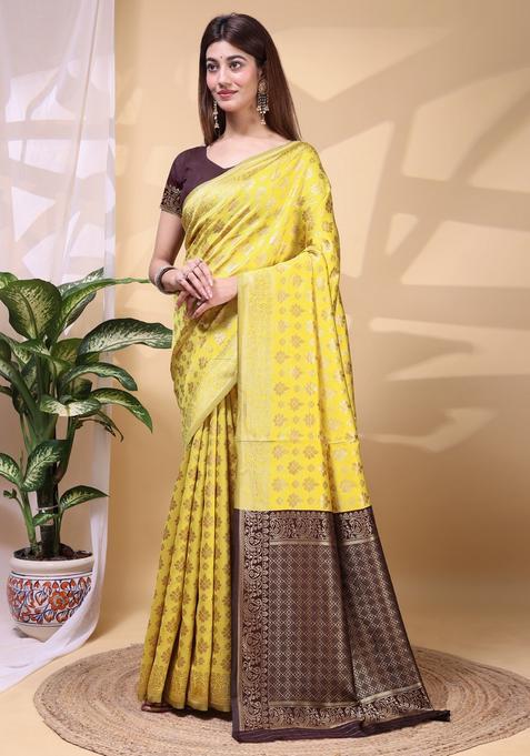 Yellow Weaving Work Silk Saree Set