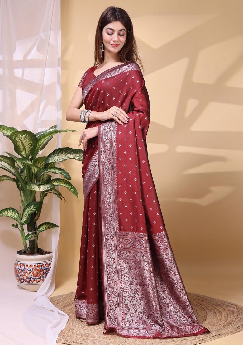 Maroon Weaving Work Silk Saree Set - Indya