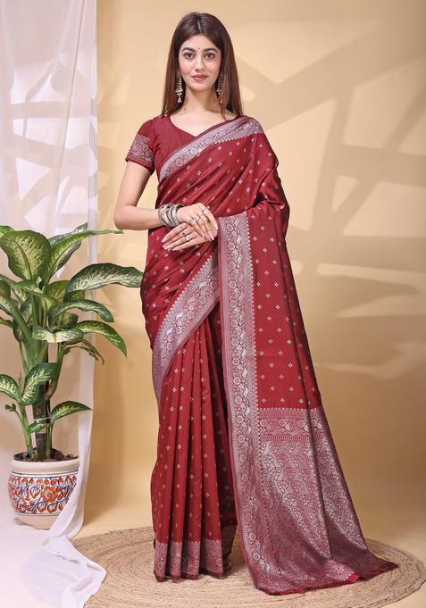 Maroon Weaving Work Silk Saree Set