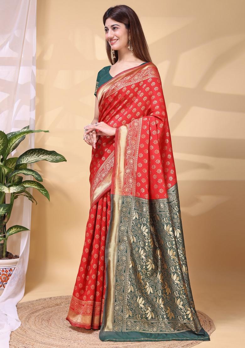Red Weaving Work Silk Saree Set - Indya