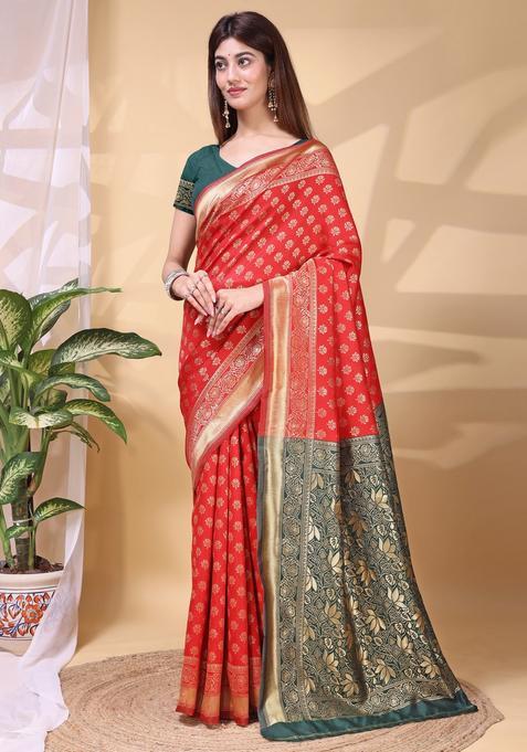 Red Weaving Work Silk Saree Set