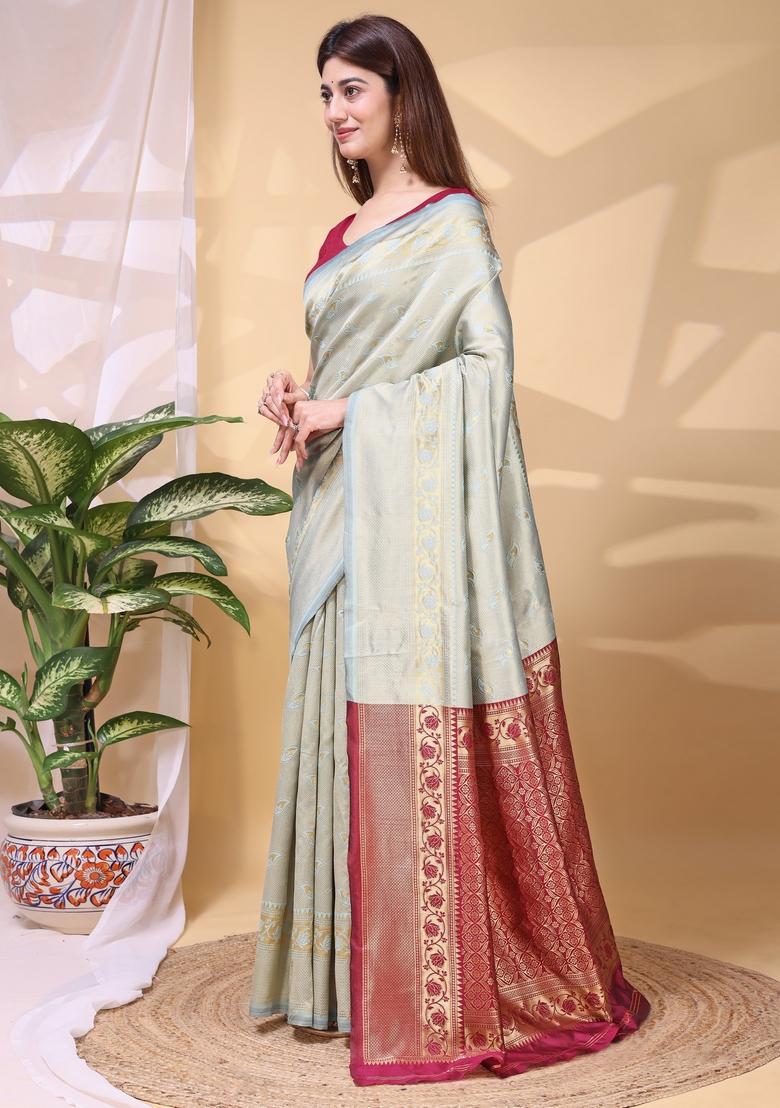 Grey Weaving Work Silk Saree Set - Indya