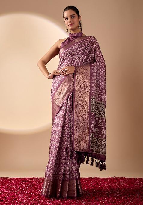 Mauve Weaving Silk Saree Set — view on Indya