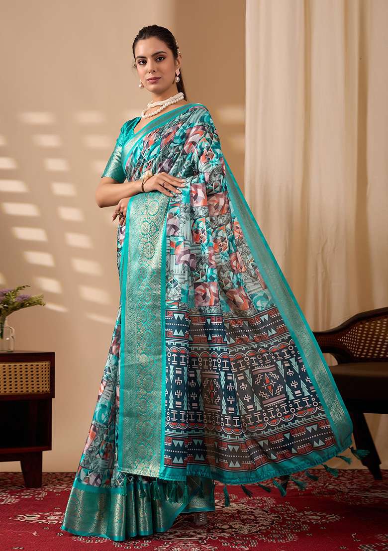 Sky Blue Floral Print Silk Blend Saree Set for Diwali and Festive Wear - Indya