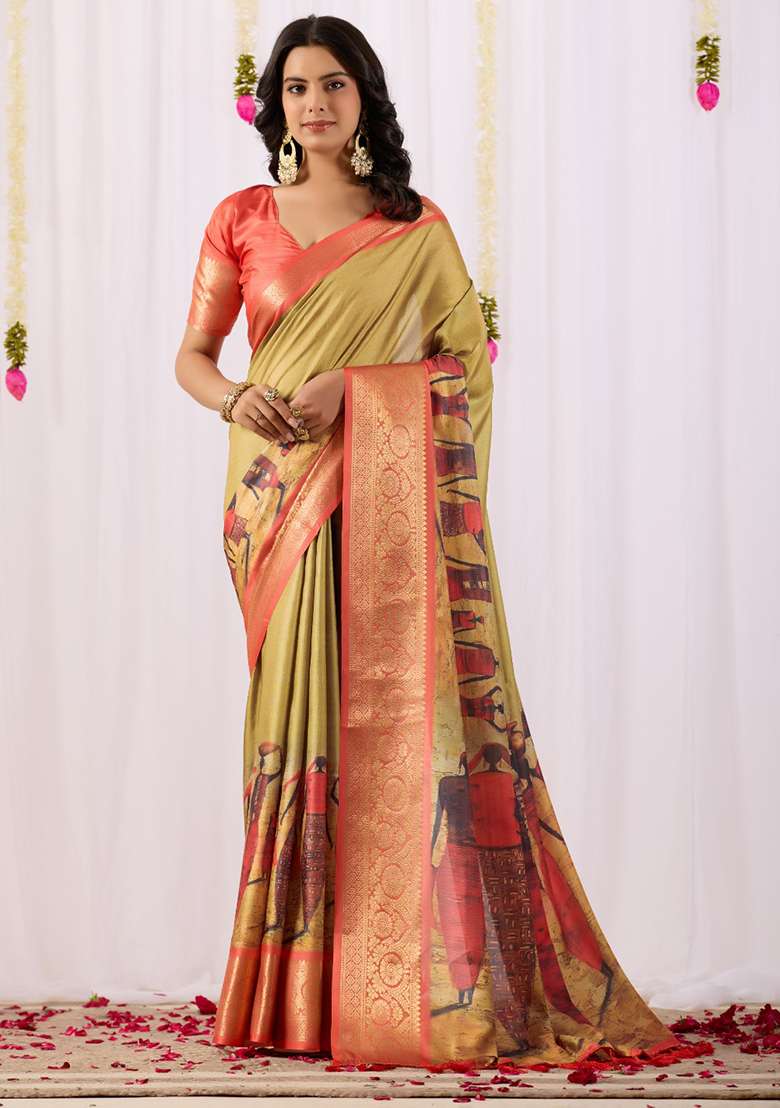 Mustard Printed Silk Blend Saree Set for Diwali and Festive Wear - Indya